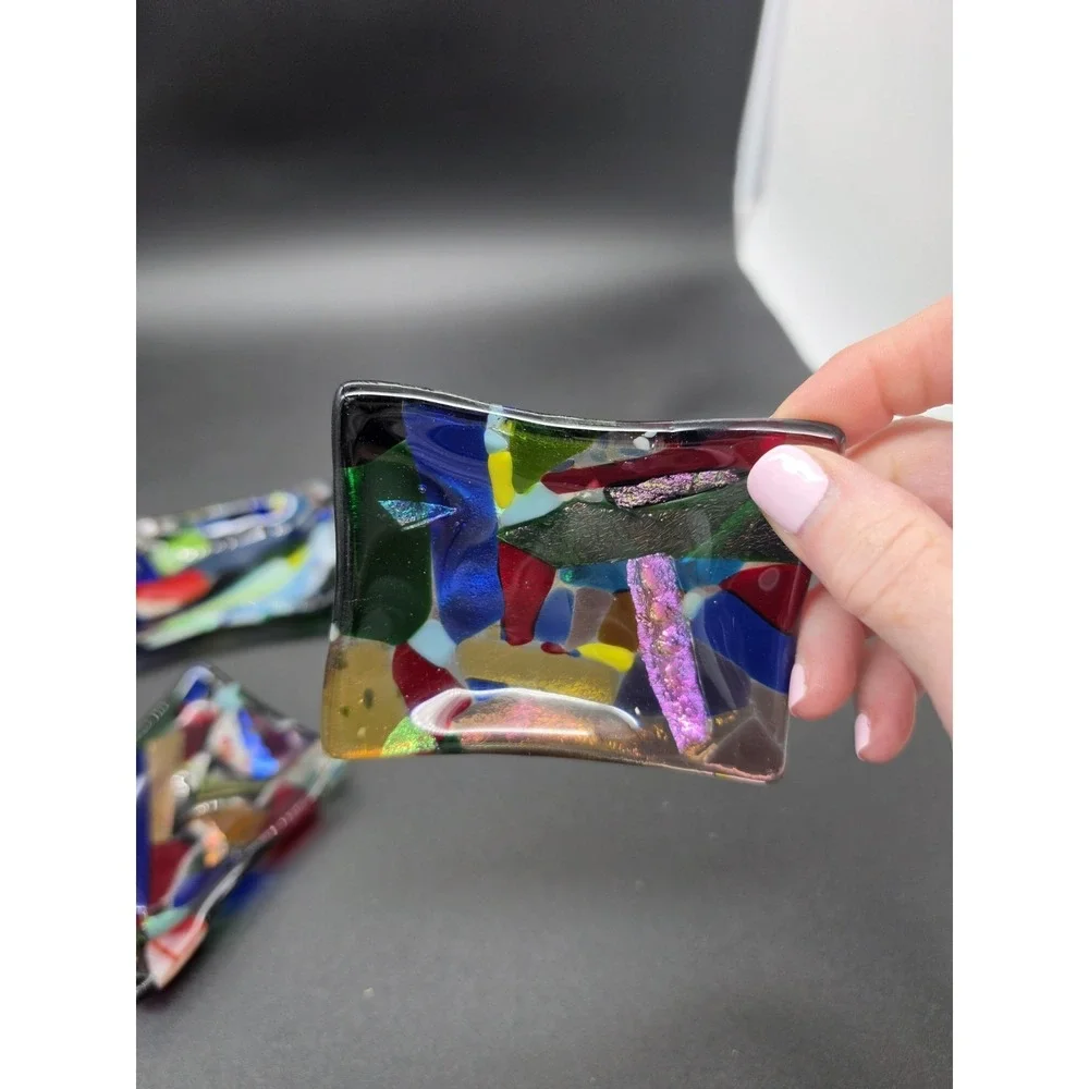 Set‎ Of 4 Frog Valley Fused Glass Dipping Dish Trinket/Ring Tray Signed Mosaic